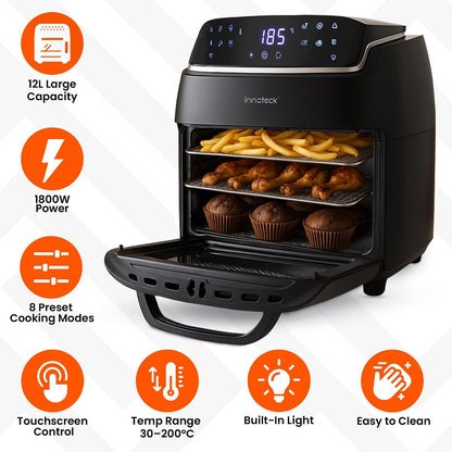 Digital Air Fryer Oven 12L 1800W 8 Presets Rotisserie Black