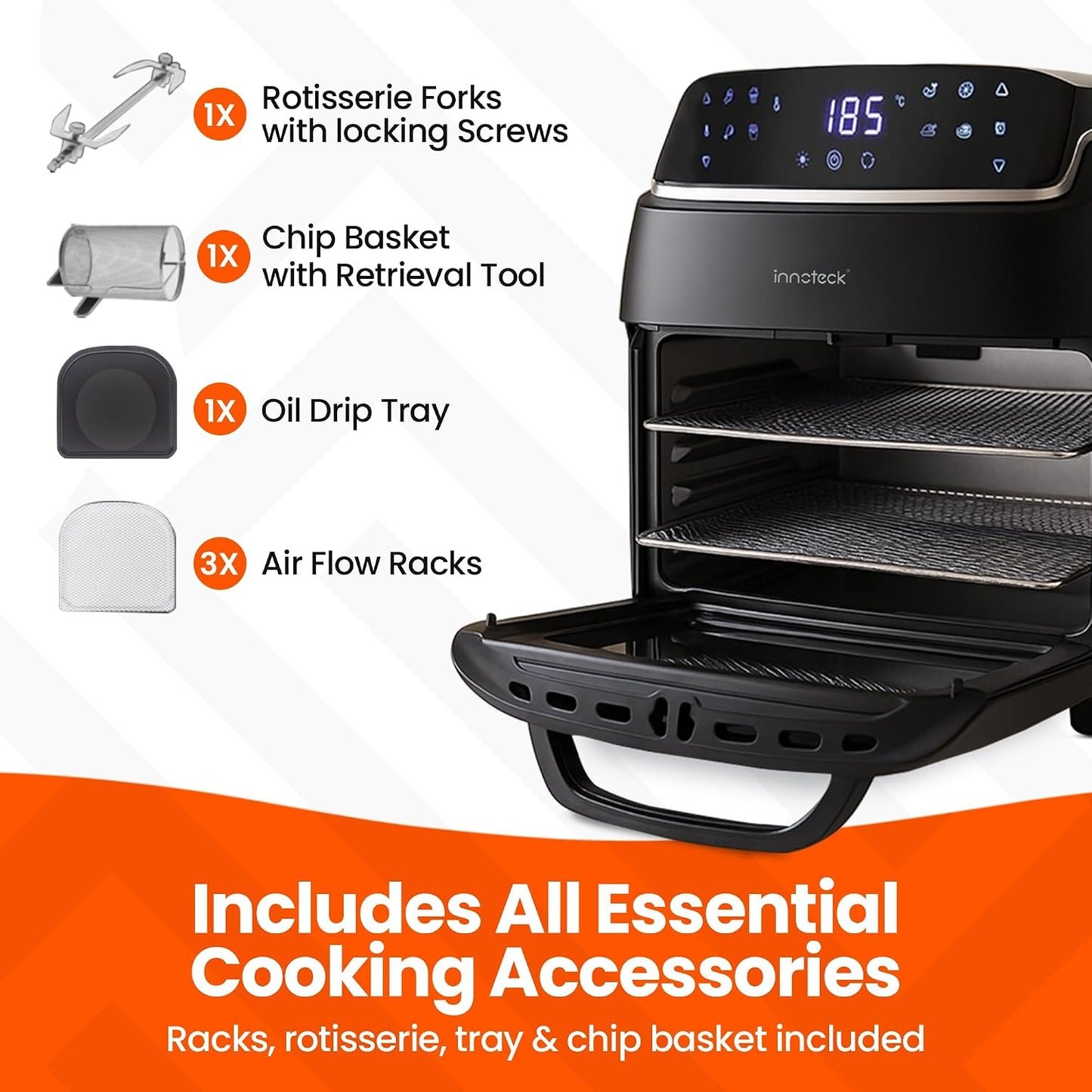Digital Air Fryer Oven 12L 1800W 8 Presets Rotisserie Black