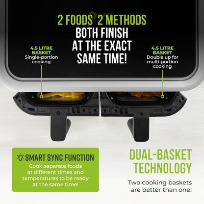 Dual Basket Air Fryer 9L 2400W 8 Presets Sync Function Black